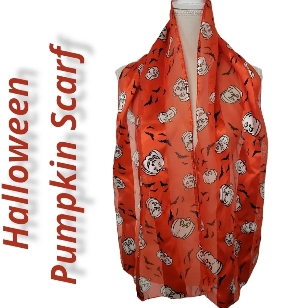 HALLOWEEN Scarf Jack O'Lanterns Bats Orange White Black EUC 60